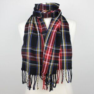 Vintage Black Plaid Scarf with Fringe